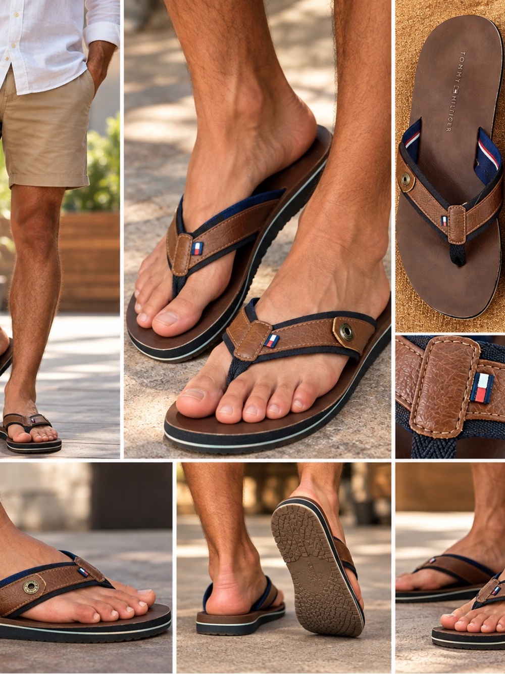 Tommy Hilfiger Brown Leather & Navy Trim Men's Flip Flops